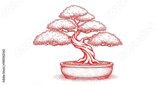 Artistic red line drawing of a bons.ai tree in a pot