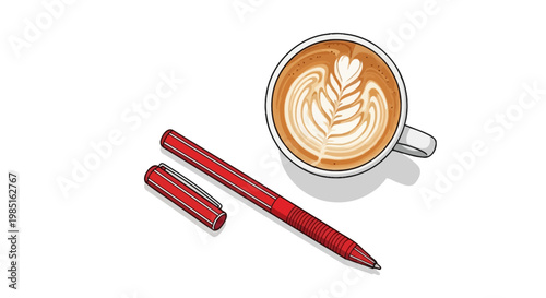 A cup of latte art coffee with a red pen and its cap