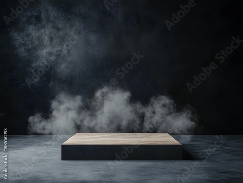 Wooden product display pedestal sits against a dark textured wall filled with thick smoke.