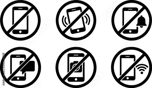 Black and white no smartphone icons with call message wifi and camera symbols