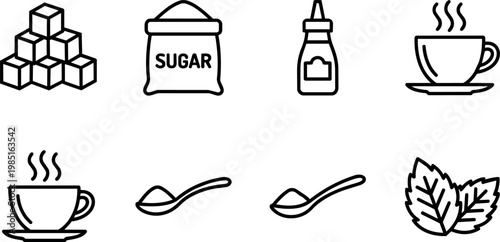 Black and white line art coffee cup sugar cubes honey mustard leaves and spoons vector icons