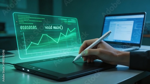 A person uses a stylus on a digital tablet, interacting with code and a graph interface, with a laptop in the background. Represents tech, programming, and digital design.