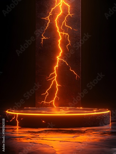 Glowing orange lightning strikes a dark stone pedestal in a dramatic void.