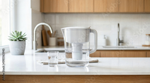 Water filter pitcher and glass of pure water sitting on a modern kitchen counter, indicating a focus on healthy hydration and water purification for home use