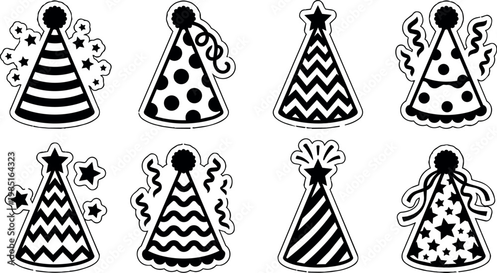 Obraz premium Black and white party hats with stars stripes and dots vector line art icons