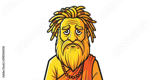 Sad Old Monk with Beard and Dreadlocks, Indian Spirituality Illustration