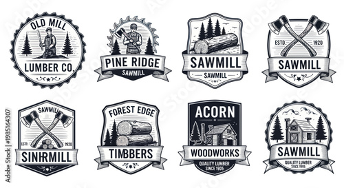 Vintage Lumber and Sawmill Badges: Woodcutting, Timber, and Forestry Emblems