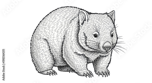Wombat Line Art Drawing, Australian Marsupial Wildlife Illustration