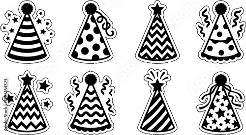 Black and white party hats with stars stripes and dots vector line art icons