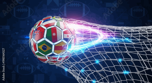 Global Soccer Ball With National Flags Entering A Net, Representing International Competition And Sportsmanship