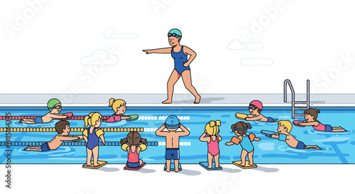 Children's Swimming Lesson: Instructor Teaching Kids Water Safety and Skills