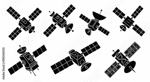 Astronot views seven satellites with antennae and solar panels in space