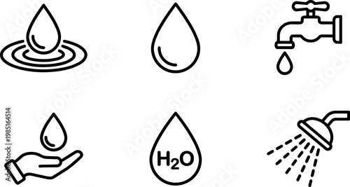 Water drop icons with hand faucet shower and h2o drop line art vector