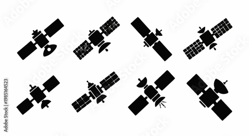 Astronot views satellites in space with various designs and shapes against a plain environment