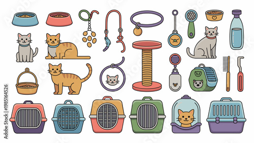 Cat Accessories Icon Set Flat Cartoon Pet Supplies Vector Collection