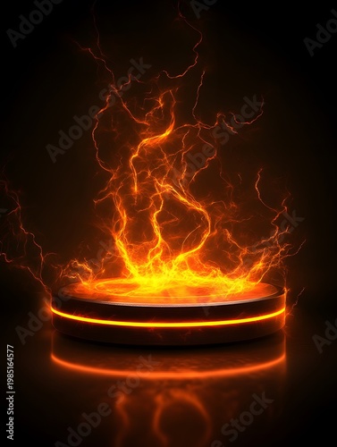 Glowing circular platform sits amidst swirling orange flames and electrical energy.