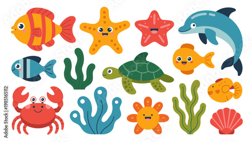 Cute Marine Clipart Collection Kids Ocean Theme Flat Vector Bundle