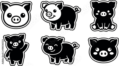 Black and white cartoon pig faces and standing piglets vector art