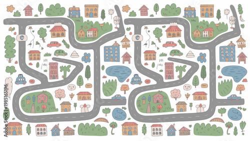 Kids City Map Doodle Carpet Print Little Town Road Vector Illustration