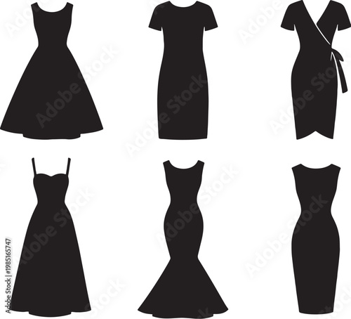 Dress cuts silhouette set black vector collection fit flare shift wrap empire mermaid sheath isolated