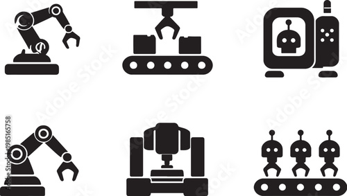 industrial machines icons black silhouette set factory automation robot