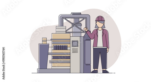 Illustration of a female engineer standing next to industrial machinery.