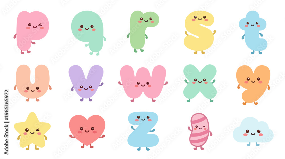 Fototapeta premium Cute Cartoon Alphabet Letters Numbers Shapes for Kids Education Learning Flat Vector Set