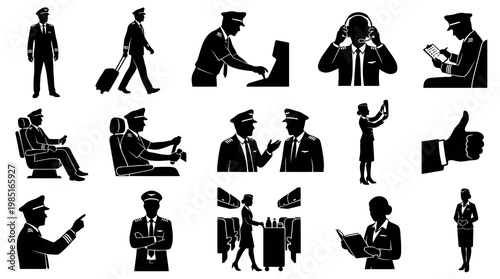 Aviation Air Travel Crew Silhouettes Icons Set