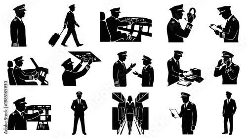 Pilot Silhouettes Set: Cockpit, Luggage, Communication, Flight Crew Icons