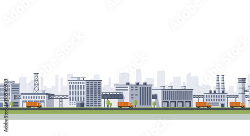 Industrial Cityscape with Factories and Transport Trucks.