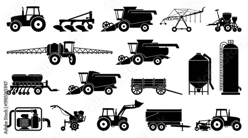 Black and White Icons of Agricultural Machinery and Equipment