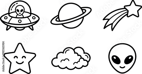 Black and white line art alien spacecraft planet cloud and star icons