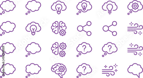 Purple icons depicting thought clouds, light bulbs, gears, and more for business and creative concepts and ideas