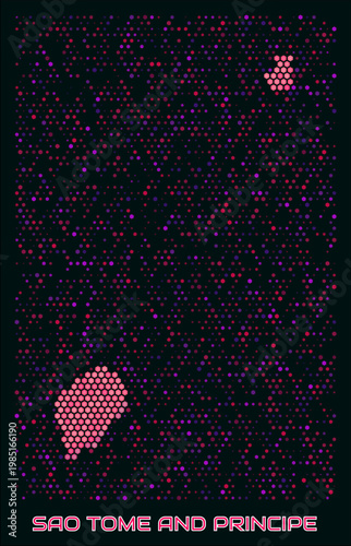Sao Tome and Principe digital style hexagon map. Vibrant magenta purple pink neon dotted shape. Country tiny bright hexagon cells. Sao Tome and Principe honeycomb map design.