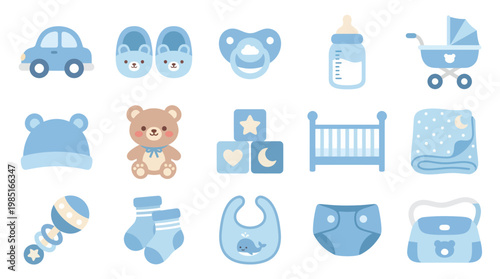 Cute Flat Blue Baby Boy Items Set. Newborn Essentials Vector Illustration