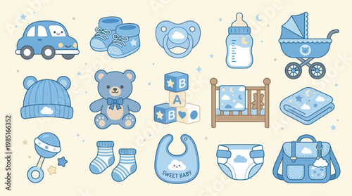 Blue Baby Icons, Cute Cartoon Style, Newborn Essentials for Nursery