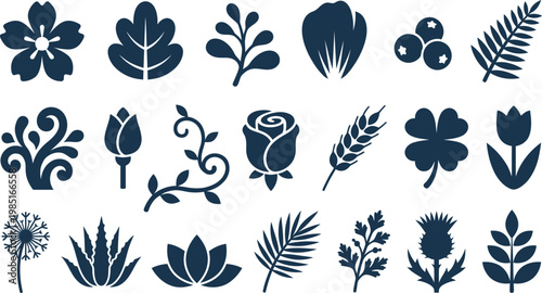 Foto Collection of various botanical icons in dark blue on a white background