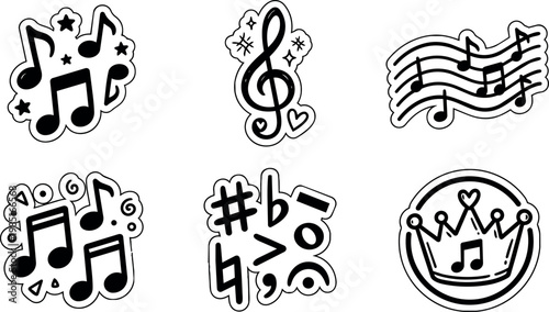 Black and white musical notes with stars hearts crown vector art collection