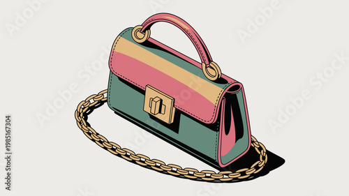 A colorful handbag with a gold chain strap and clasp, depicted in a flat, minimalist vector illustration style.