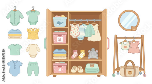 Cute Baby Wardrobe and Clothes Rack, Flat Design Icon