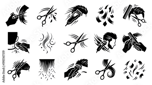 Black and white icons for barbershop, hair salon, haircuts, styling