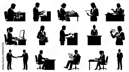 Financial Business People Silhouettes Glyph Icons for Banking and Office Work
