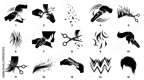 Black and White Icons of Hair Styling and Barber Services