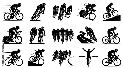 Black and White Silhouette Icon Set of Cyclists Riding Bicycles