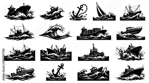 Black and white nautical vector icons: ships, boats, and anchors on waves