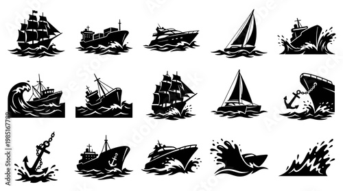 Black and White Vector Icons of Ships, Boats, and Anchors on Water