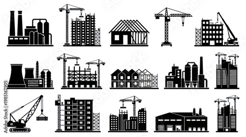 Black  White Construction Site Icons: Cranes, Buildings, Factories, Industry