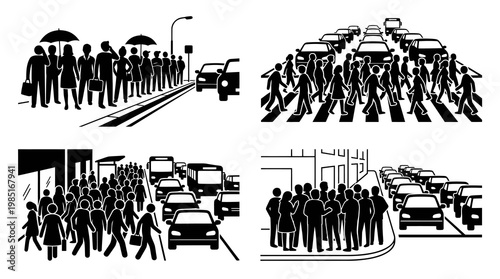 People and Traffic Jam, Black and White Line Art Vector