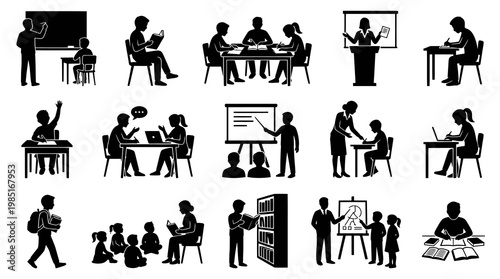 Black  White Glyph Icon Set: Education, Learning, School, Students, Teachers
