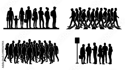 Diverse crowd of people, pedestrians, city life, illustration, silhouette